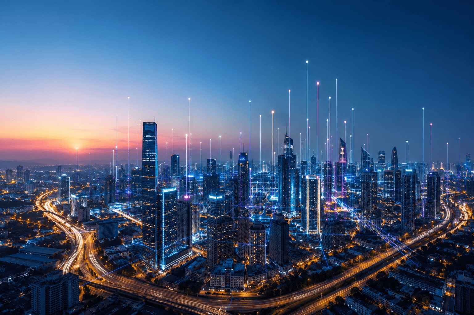Smart city skyline at dusk